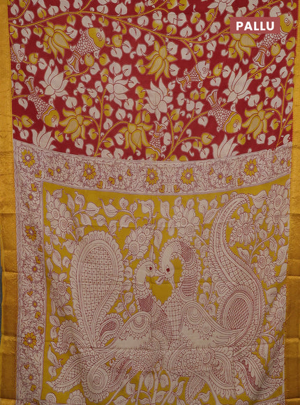 Kalamkari semi silk saree red and mustard yellow with allover prints and mangalgiri border