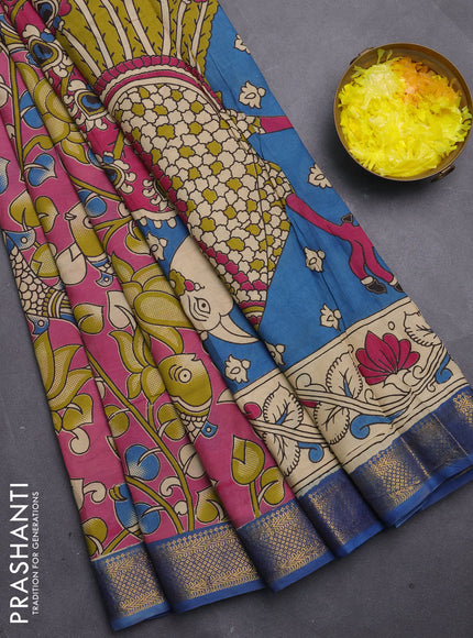 Kalamkari semi silk saree pink and cs blue with allover prints and mangalgiri border