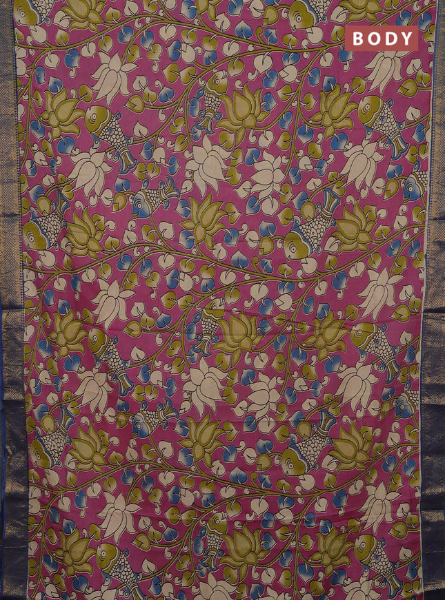 Kalamkari semi silk saree pink and cs blue with allover prints and mangalgiri border