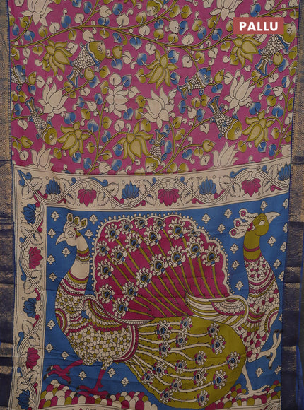 Kalamkari semi silk saree pink and cs blue with allover prints and mangalgiri border