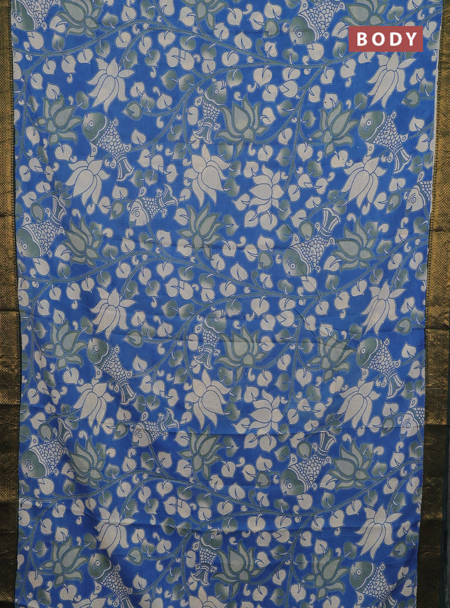 Kalamkari semi silk saree blue and bottle green with allover prints and mangalgiri border