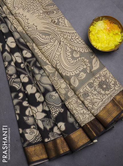 Kalamkari semi silk saree beige and black with allover prints and mangalgiri border