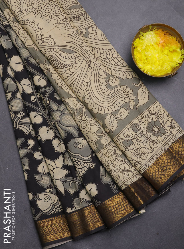 Kalamkari semi silk saree beige and black with allover prints and mangalgiri border