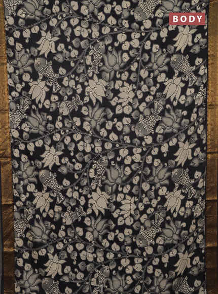 Kalamkari semi silk saree beige and black with allover prints and mangalgiri border