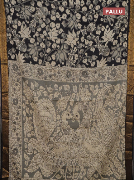 Kalamkari semi silk saree beige and black with allover prints and mangalgiri border