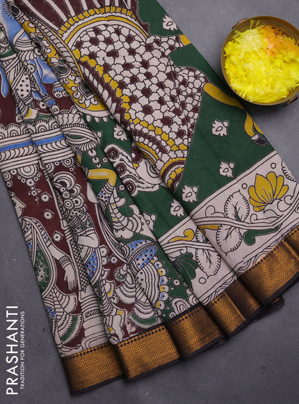 Kalamkari semi silk saree coffee brown and black with allover prints and mangalgiri border