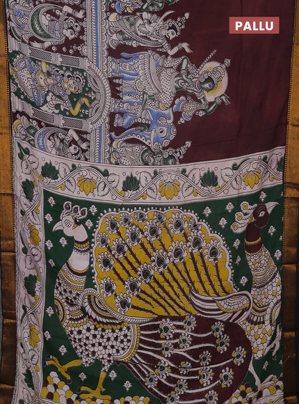 Kalamkari semi silk saree coffee brown and black with allover prints and mangalgiri border