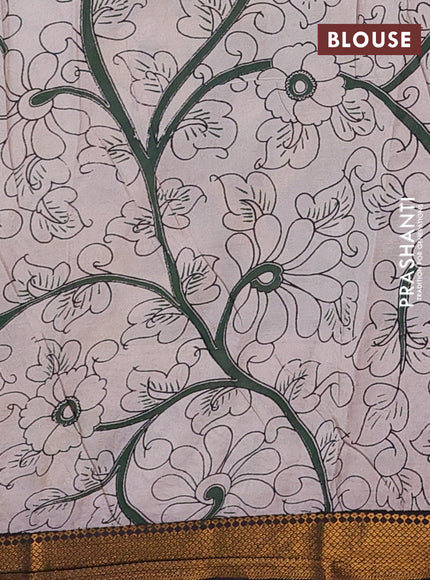 Kalamkari semi silk saree coffee brown and black with allover prints and mangalgiri border