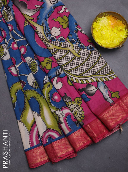 Kalamkari semi silk saree cs blue and pink with allover prints and mangalgiri border