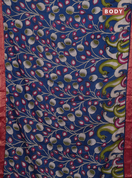 Kalamkari semi silk saree cs blue and pink with allover prints and mangalgiri border