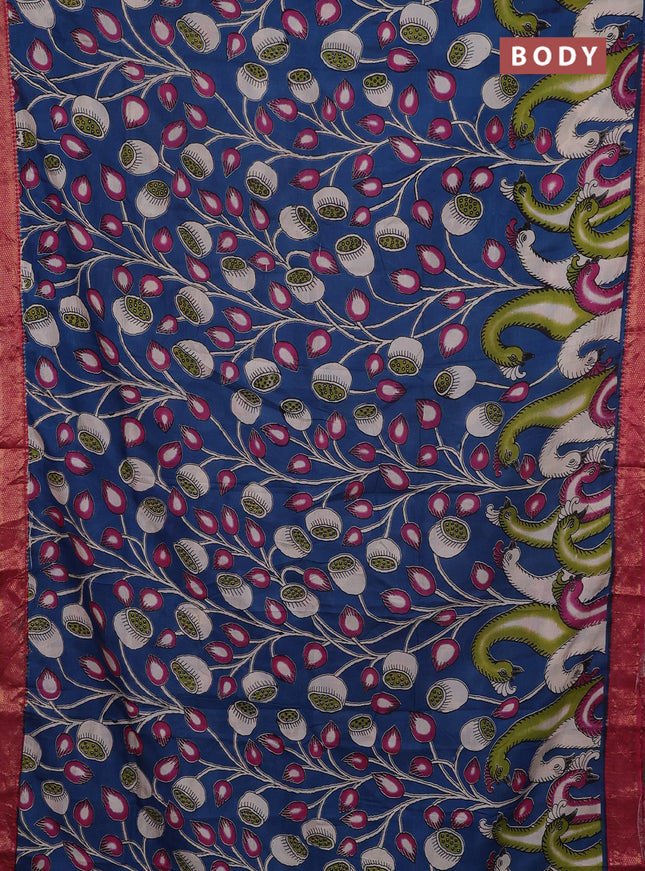 Kalamkari semi silk saree cs blue and pink with allover prints and mangalgiri border