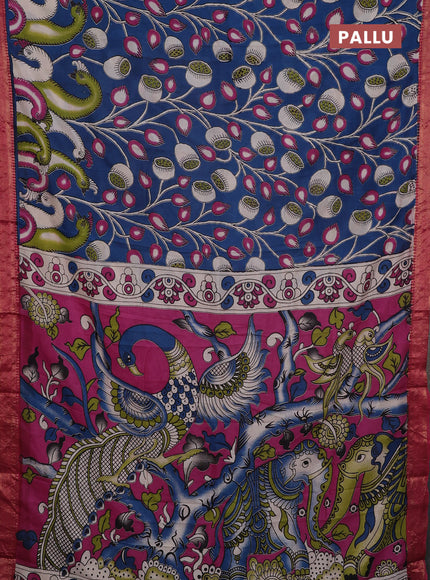 Kalamkari semi silk saree cs blue and pink with allover prints and mangalgiri border