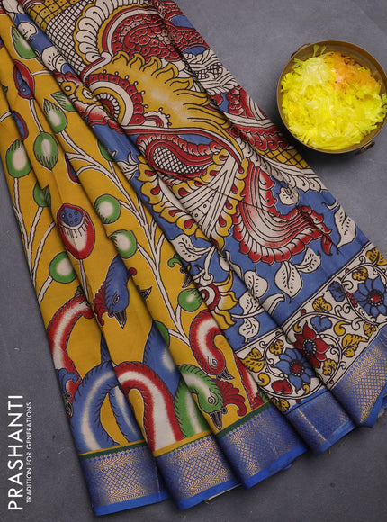 Kalamkari semi silk saree mustard yellow and blue with allover prints and mangalgiri border