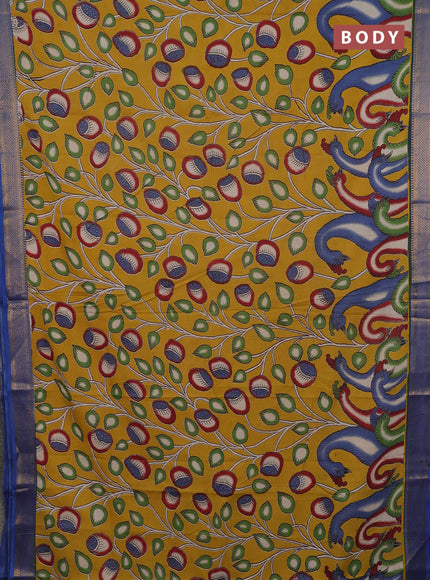 Kalamkari semi silk saree mustard yellow and blue with allover prints and mangalgiri border