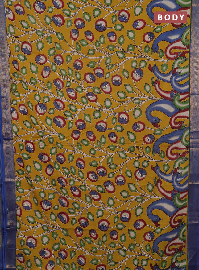 Kalamkari semi silk saree mustard yellow and blue with allover prints and mangalgiri border