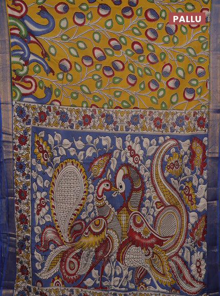 Kalamkari semi silk saree mustard yellow and blue with allover prints and mangalgiri border