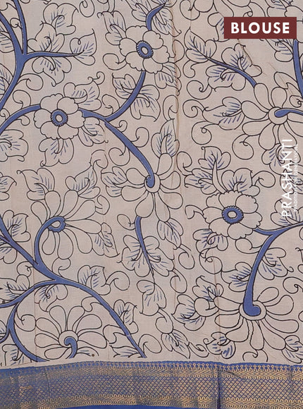 Kalamkari semi silk saree mustard yellow and blue with allover prints and mangalgiri border
