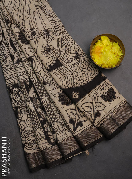 Kalamkari semi silk saree beige and black with allover prints and mangalgiri border