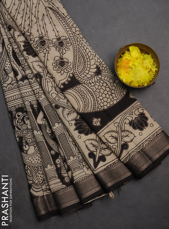 Kalamkari semi silk saree beige and black with allover prints and mangalgiri border