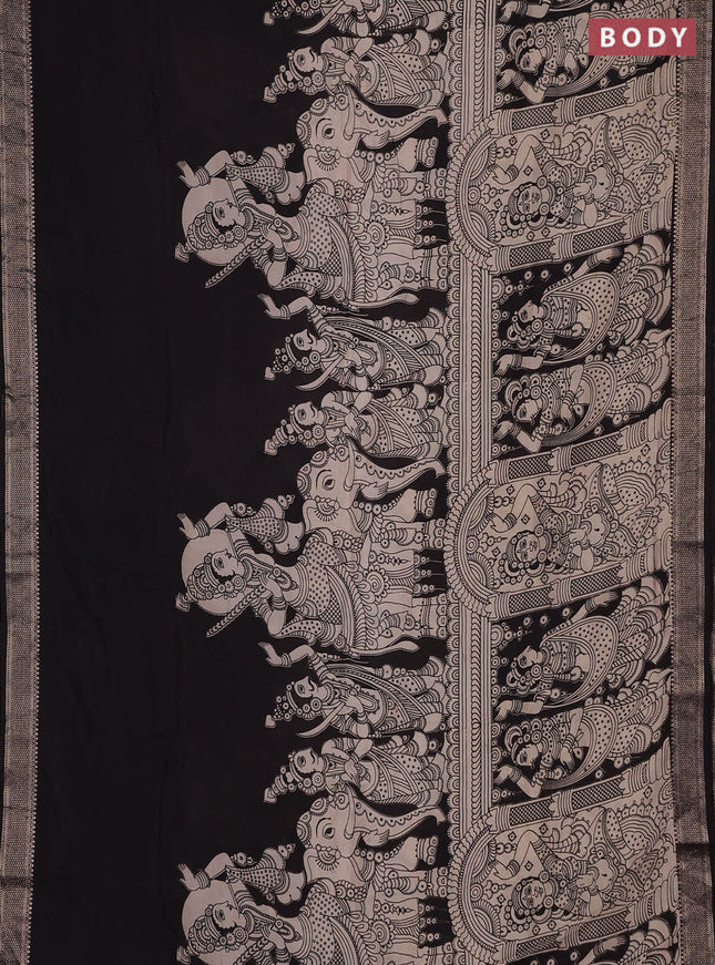 Kalamkari semi silk saree beige and black with allover prints and mangalgiri border