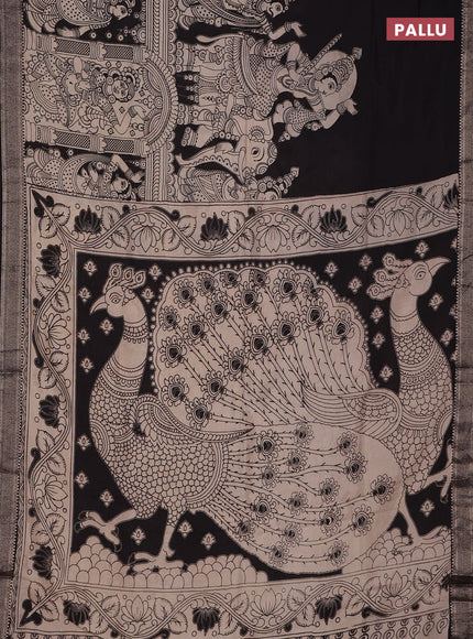 Kalamkari semi silk saree beige and black with allover prints and mangalgiri border
