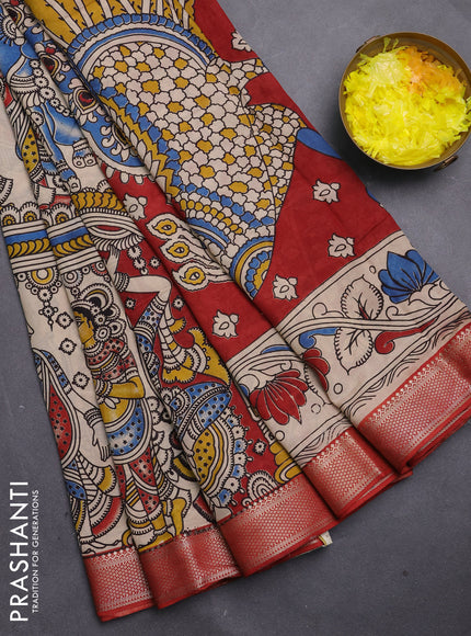 Kalamkari semi silk saree beige and maroon with allover prints and mangalgiri border