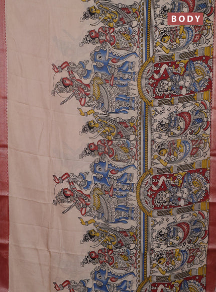 Kalamkari semi silk saree beige and maroon with allover prints and mangalgiri border