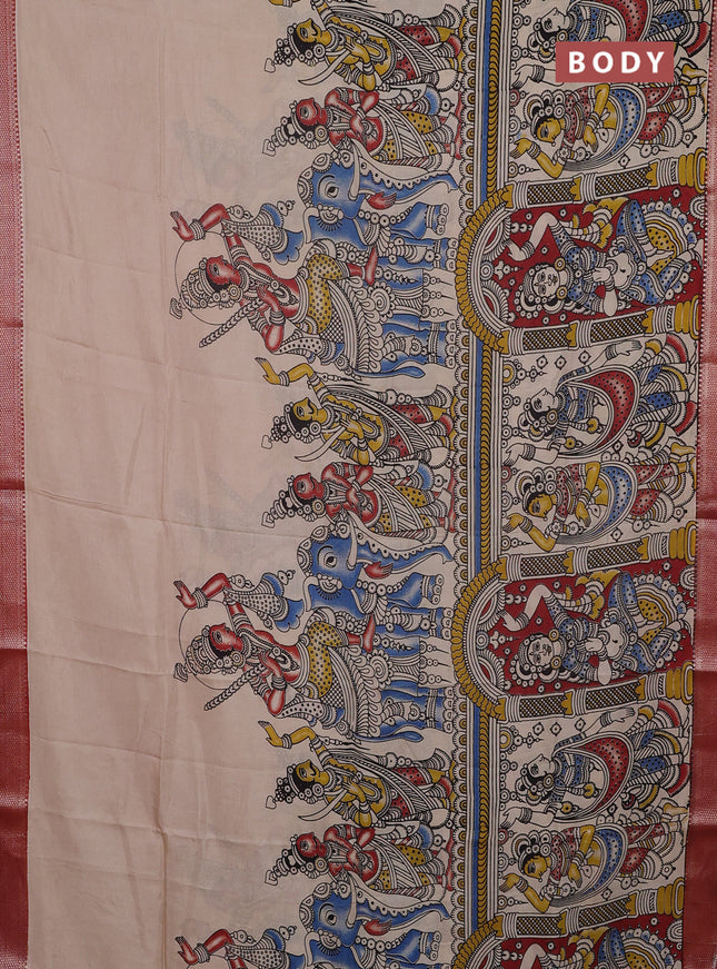 Kalamkari semi silk saree beige and maroon with allover prints and mangalgiri border