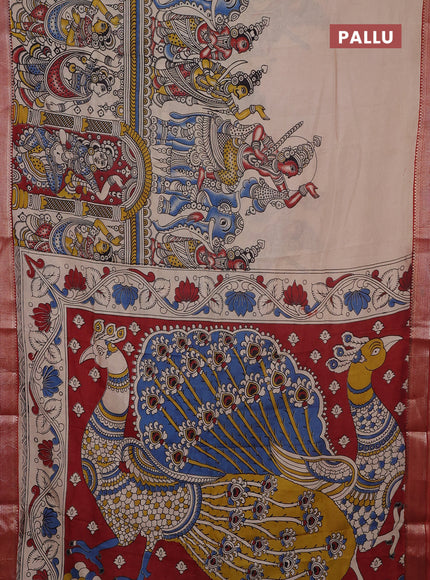 Kalamkari semi silk saree beige and maroon with allover prints and mangalgiri border