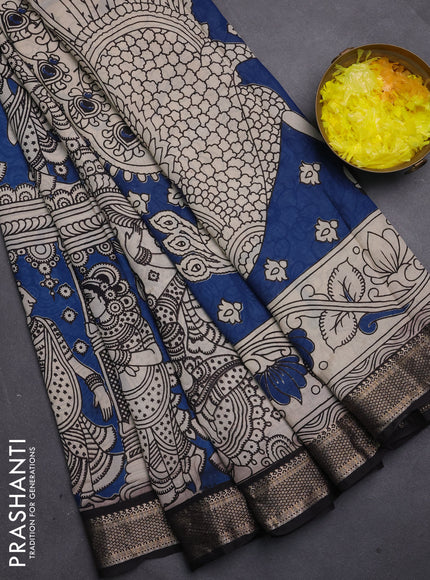 Kalamkari semi silk saree cs blue and black with allover prints and mangalgiri border