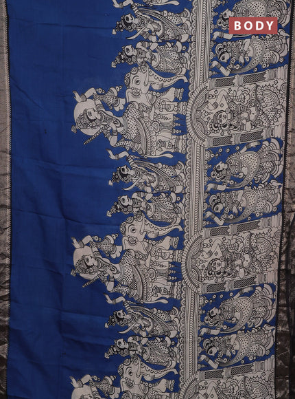 Kalamkari semi silk saree cs blue and black with allover prints and mangalgiri border