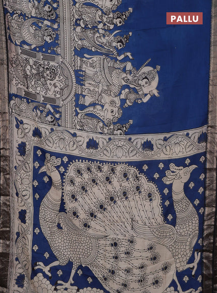 Kalamkari semi silk saree cs blue and black with allover prints and mangalgiri border
