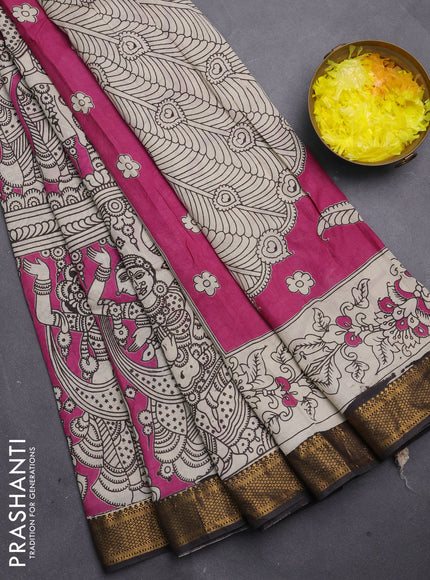 Kalamkari semi silk saree pink and black with allover prints and mangalgiri border