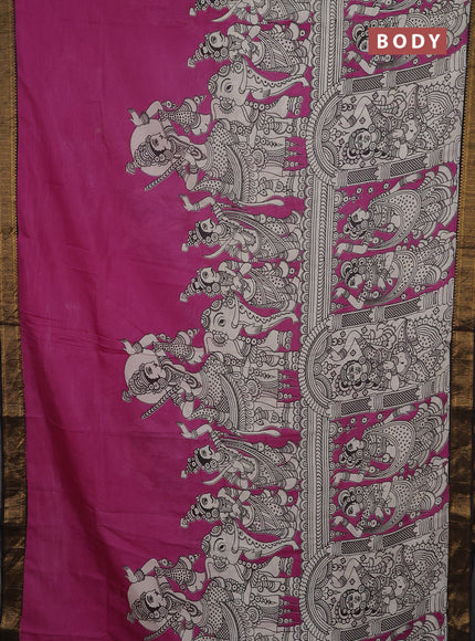 Kalamkari semi silk saree pink and black with allover prints and mangalgiri border