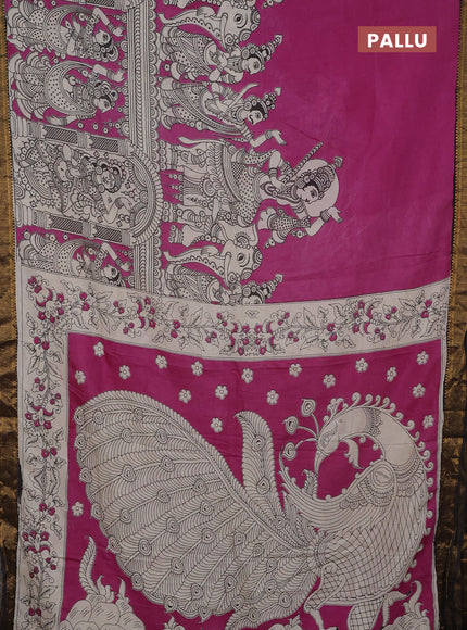 Kalamkari semi silk saree pink and black with allover prints and mangalgiri border