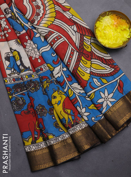 Kalamkari semi silk saree beige maroon and cs blue black with pichwai prints and mangalgiri border