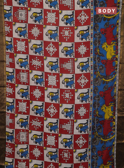 Kalamkari semi silk saree beige maroon and cs blue black with pichwai prints and mangalgiri border