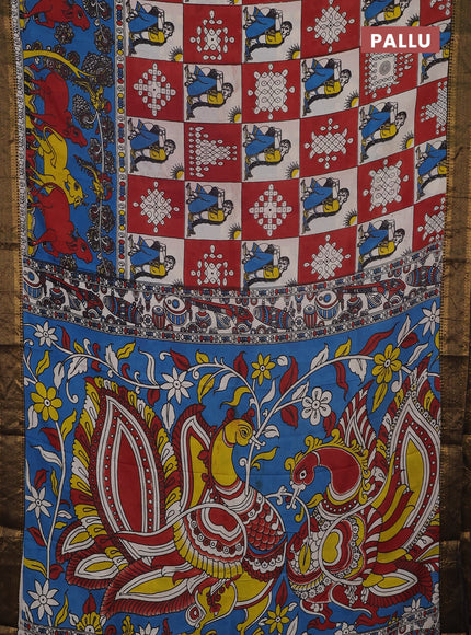 Kalamkari semi silk saree beige maroon and cs blue black with pichwai prints and mangalgiri border
