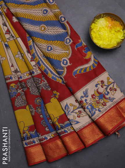 Kalamkari semi silk saree yellow beige and rust shade with pichwai prints and mangalgiri border