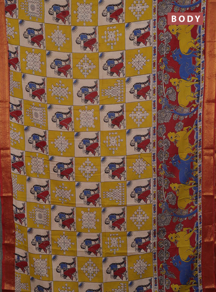 Kalamkari semi silk saree yellow beige and rust shade with pichwai prints and mangalgiri border