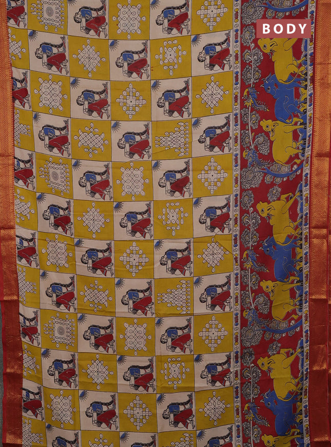 Kalamkari semi silk saree yellow beige and rust shade with pichwai prints and mangalgiri border