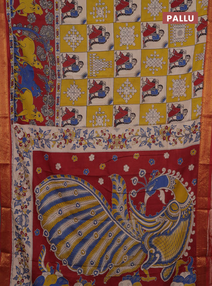 Kalamkari semi silk saree yellow beige and rust shade with pichwai prints and mangalgiri border