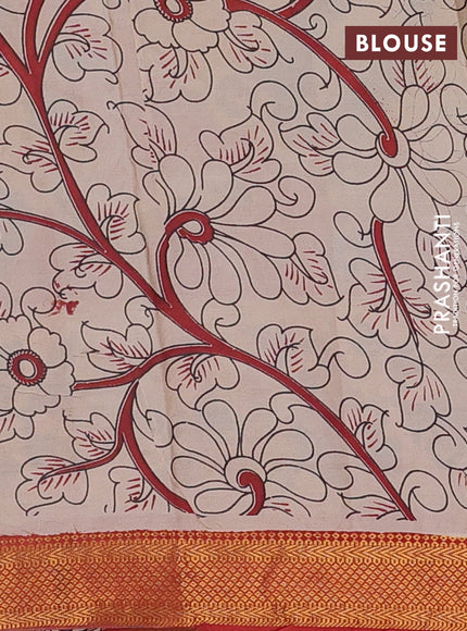 Kalamkari semi silk saree yellow beige and rust shade with pichwai prints and mangalgiri border