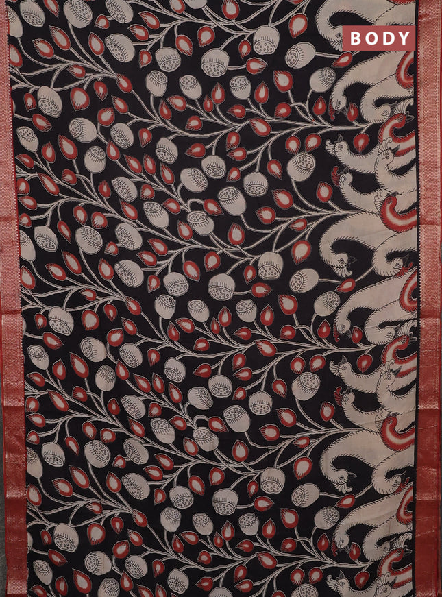 Kalamkari semi silk saree black and beige with allover prints and mangalgiri border