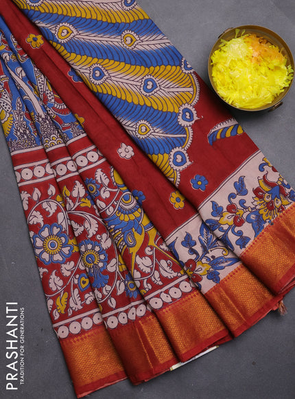 Kalamkari semi silk saree cs blue and maroon with allover prints and mangalgiri border