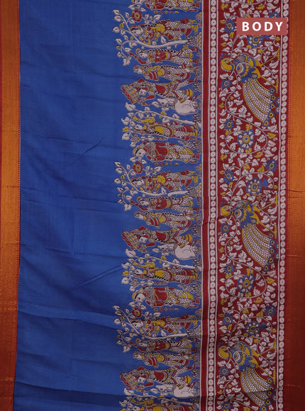 Kalamkari semi silk saree cs blue and maroon with allover prints and mangalgiri border