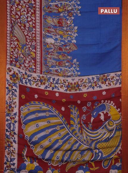Kalamkari semi silk saree cs blue and maroon with allover prints and mangalgiri border