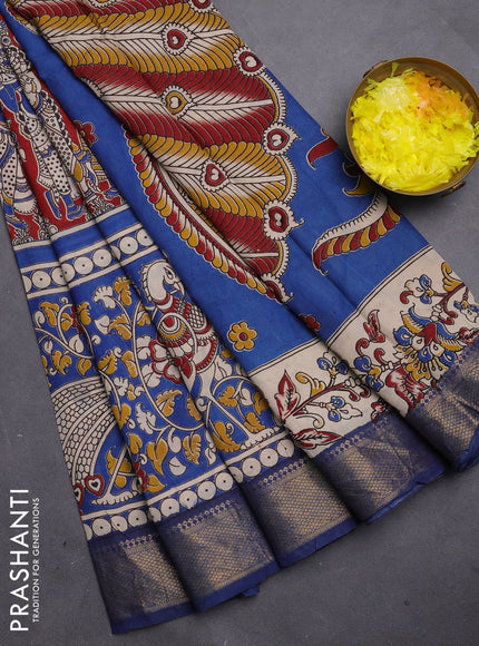 Kalamkari semi silk saree maroon and cs blue with allover prints and mangalgiri border