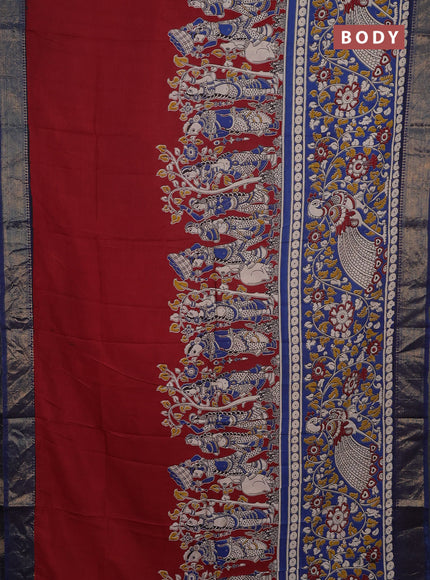 Kalamkari semi silk saree maroon and cs blue with allover prints and mangalgiri border