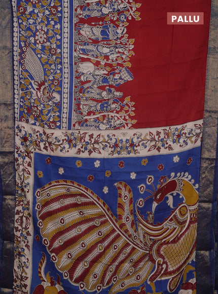 Kalamkari semi silk saree maroon and cs blue with allover prints and mangalgiri border